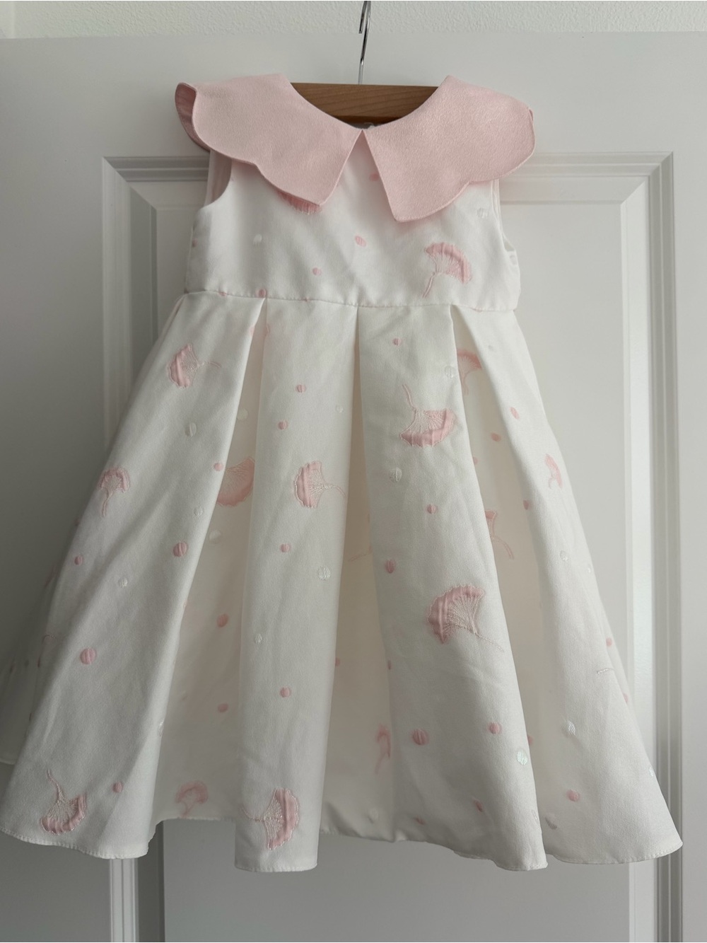 Girls' Pink Collar White Dress with Pink Embroidery